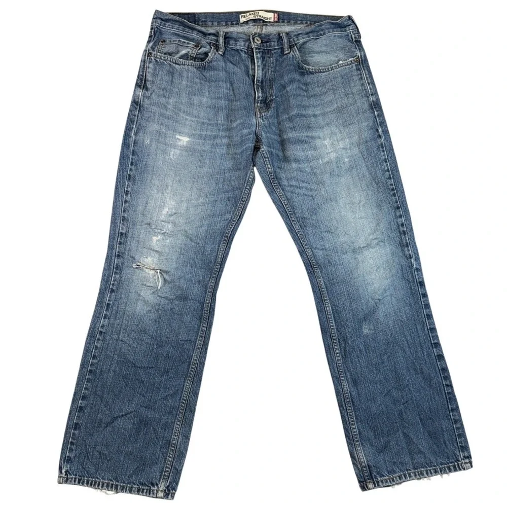 Levis‎ 559 Relaxed Straight Mens Jeans 34x30 Medium Wash Distressed Blue Denim